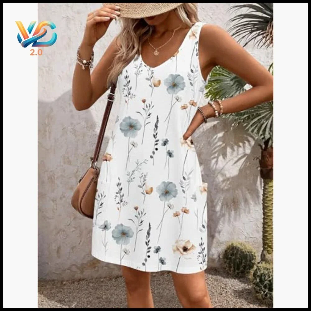 Women's Casual Sundress with Pockets V-Neck A-Line Summer Beach Dress